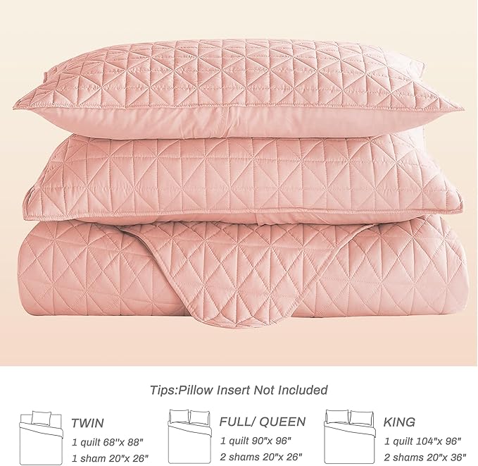 Exclusivo Mezcla Quilts King Size Bedding Set with Stitched Grid Pattern, Lightweight Summer Pink Bedspreads Coverlets Bed Cover for All Seasons (1 Quilt and 2 Pillow Shams)