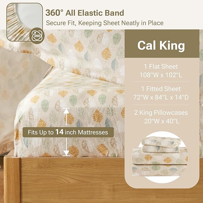 True North by Sleep Philosophy Cozy Flannel Warm 100% Cotton Sheet - Novelty Print Animals Stars Cute Ultra Soft Cold Weather Bedding Set, Cal King, Multi Leaves 4 Piece