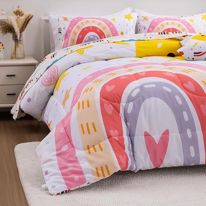 Btargot Lightweight Soft 3 Piece Rainbow Comforter Set with 2 Pillow Covers, Cartoon Love Hearts Flowers and Sun Star Bedding Set for Girls Boys Kids, Queen Pink