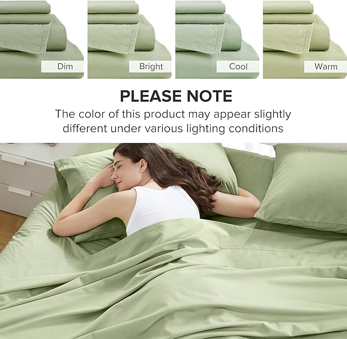 Comfort Spaces 100% Cotton Sheets Full, Breathable & Soft Cotton Sheets, Naturally Cool Cotton Bed Sheets with 14" Elastic Pocket Fits up to 16" Mattress, All Seasons Sheet Set, Sage Green 4 Piece