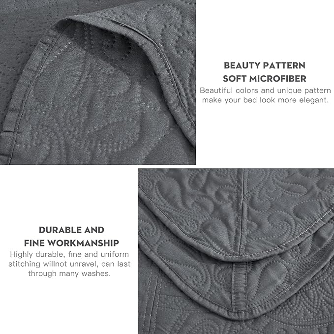 Oversized King Bedspread, Ultrasonic Lightweight Bedding Cover, Paisley Pattern, Reversible, 5 Piece, 100% Microfiber, Dark Grey