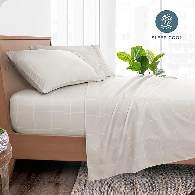 Bare Home Queen Sheet Set - Luxury 1800 Ultra-Soft Microfiber Double Brushed - Deep Pockets - Easy Fit - 4 Piece Set (Queen, Modern Plaid - Stone/White)