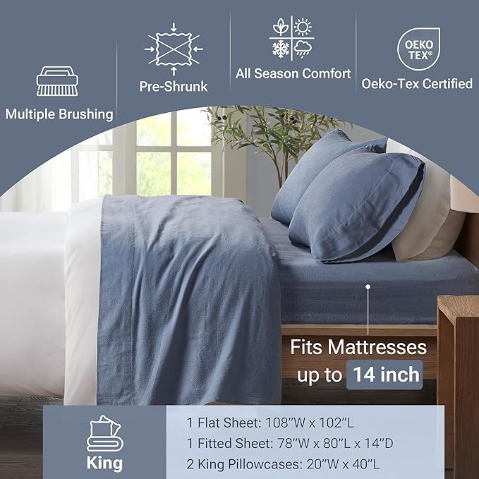True North by Sleep Philosophy Cozy Flannel Warm 100% Cotton Sheet - Novelty Print Animals Stars Cute Ultra Soft Cold Weather Bedding Set, King, Blue Solid 4 Piece