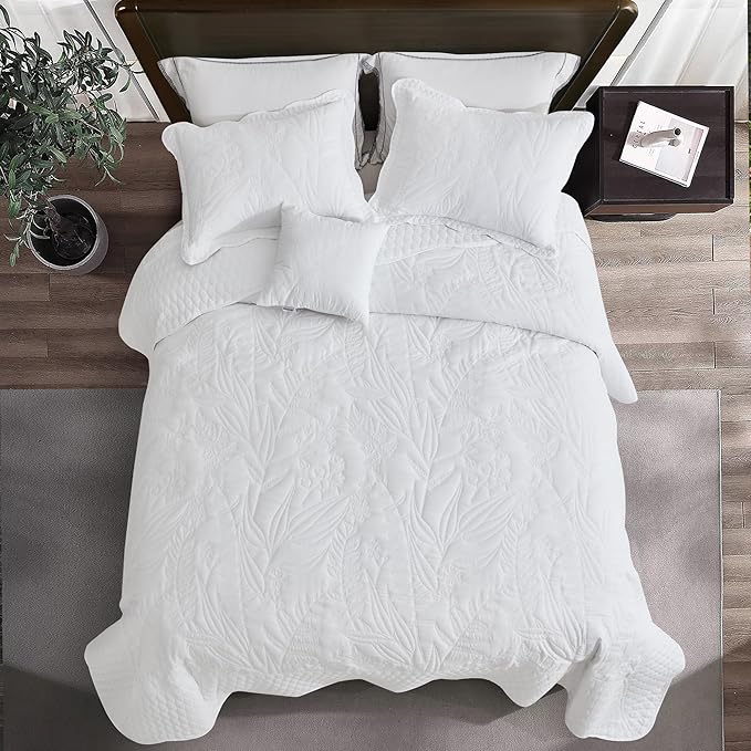 Botanical Oversized Bedspread Queen Size - Leaves Pattern Stitching Quilt Set - Elegant & Fresh Style Bedding Coverlets, Reversible, Lightweight, 5 Piece, White