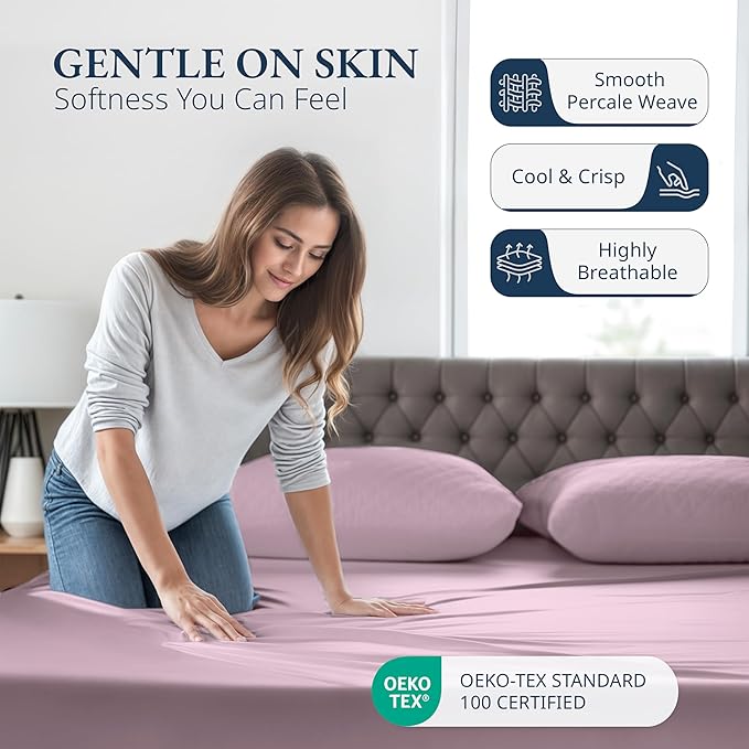 LANE LINEN King Fitted Sheet, 100% Organic Cotton, 3-Piece Set (1 Fitted Sheet,2 Pillowcases), Percale Weave, Ultra Soft, Breathable,Fits Mattress Upto 15" Deep - Lilac (No Flat Sheet)