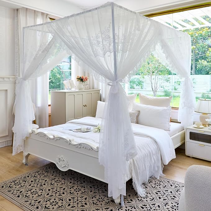 AIKASY Elegant Lace Princess 4-Poster Bed Canopy Mosquito Net - Romantic Wedding Bridal Bedroom Decor, Kids Room Bed Curtain for Women Adults - (White1,Queen)