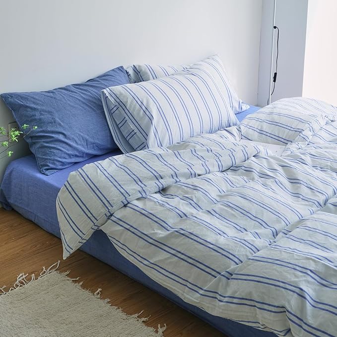Blue Striped Duvet Cover Set Twin XL, 100% Washed Cotton Blue Stripes Pattern Printed Bedding Set, 3 Pieces Retro Striped Bedding White Duvet Cover, Comfy Soft Breathable Comforter Cover Twin XL