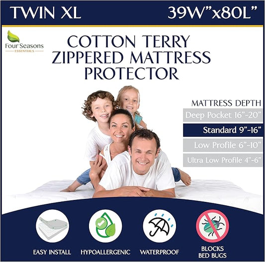 Twin Extra Long (XL) Mattress Protector - Zippered Waterproof Mattress Cover - Deep Pocket Encasement with Cotton Terry Top