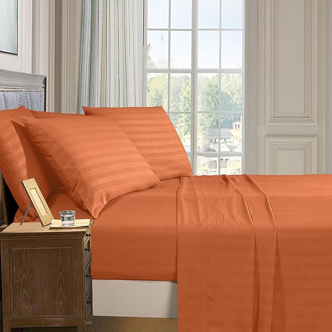 Elegant Comfort Softest and Coziest 6-Piece Sheet Set - 1500 Premium Hotel Quality Microfiber - Deep Pocket, Wrinkle Resistant 6-Piece Damask Stripe Bed Sheet Set, King, Coral