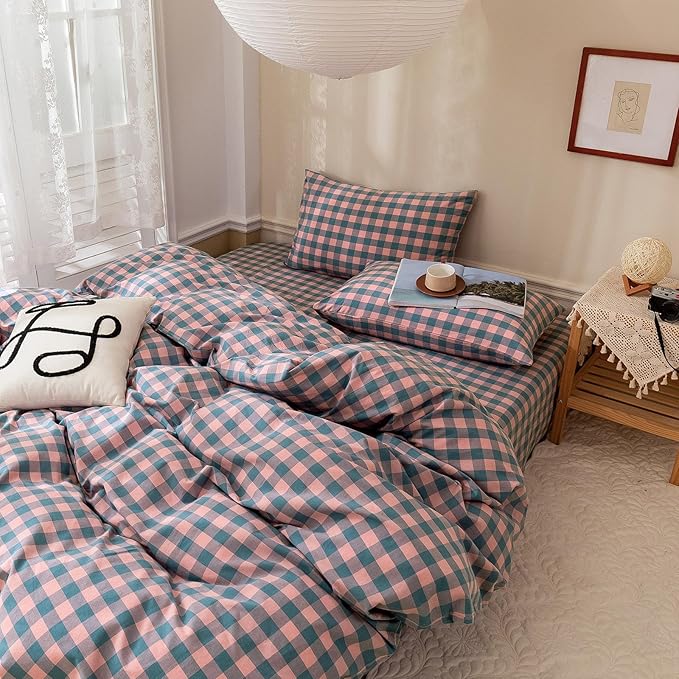 Checkered Comforter Set King Size Purple Pink Plaid Bedding Comforter Cotton Fabric with Microfiber Inner Fill Soft Fluffy Bed Set 3 Pieces Grid Bedding Checkered Pattern Comforter with 2 Pillowcases
