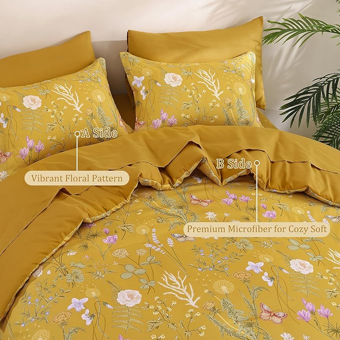 Yiran King Size Comforter Set, 7 Pieces Yellow Floral Soft Bedding Sets, King Bed in a Bag Botanical Flowers All Season Comforter, Sheets, Pillowcases & Shams
