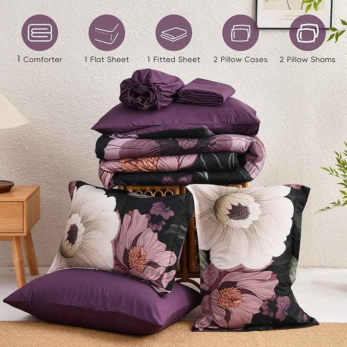 Xruibed Black Purple Floral Comforter Set Queen Size 7 Pieces Bed in a Bag Flower Bedding Sets Lightweight Boho Bed Set with Sheet,Pillowcases&Shams for All Season