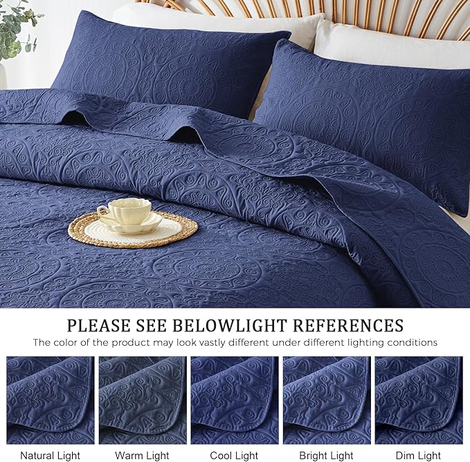 WURUIBO Navy Blue Quilt Set Twin Size, Embossing Microfiber Bedspreads with Pillow Sham, Ligthweight Breathable Thin Coverlet, Reversible Bedding Set for All Season (1 Quilt, 1 Pillow Sham)