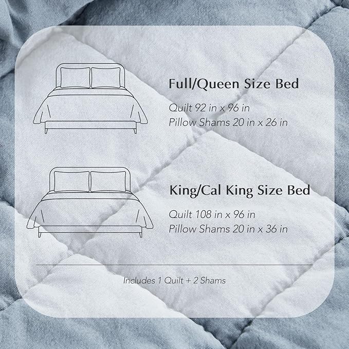 EVERGRACEHOME Stonewashed Cotton Quilt Set King Size, Ultra Soft Oversized Bedspread Coverlet Set, Lightweight Crinkle Box Stitch Bedding Sets for All Season, with 2 Matching Shams, Blue Linen