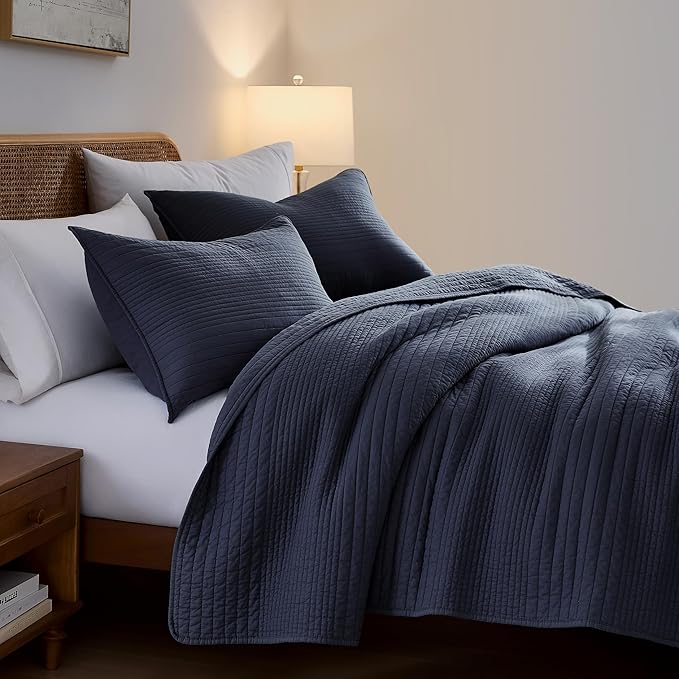palassio Striped Navy Blue 100% Cotton Quilt Twin Size Bedding Sets, Lightweight Crinkly Channel Pick Stitch Textured Bedspread Soft Shabby Chic Farmhouse Country Coverlet for All Season, 1 Sham