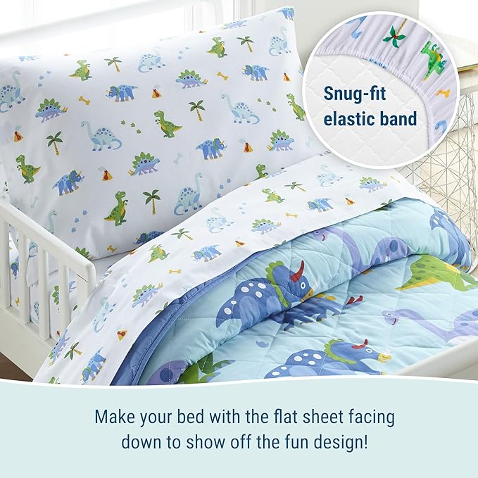 Wildkin 100% Cotton Toddler Sheet Set – Soft & Cozy Bed Sheets - Dinosaur Land