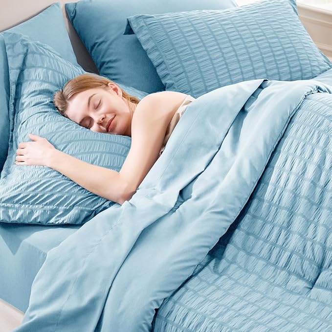 CozyLux Full Size Comforter Sets with Sheets Seersucker 7 Pieces Sky Blue Bed in a Bag Textured Luxury Soft Bedding Set with Down Alternative Comforter, Sheets, Pillowcases & Shams for All Seasons