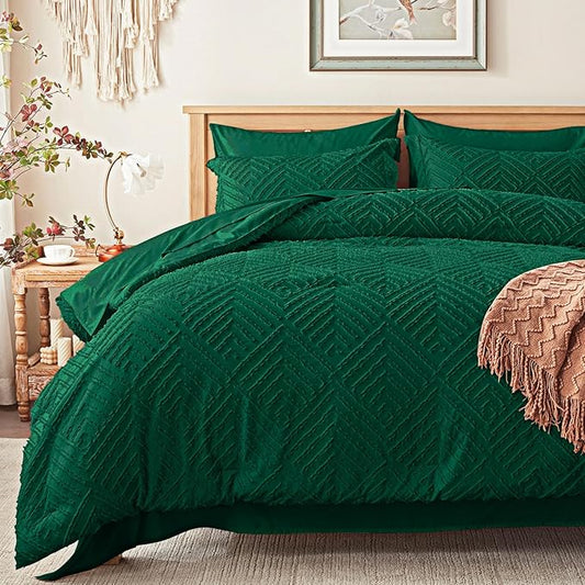 Zzlpp Full Comforter Set 7 pieces, Emerald Green Tufted Bed in a Bag with Comforter and Sheets, All Season Boho Bedding Sets with Comforter, 2 Pillow Shams, 2 Pillowcases, 1 Flat Sheet, 1 Fitted Sheet