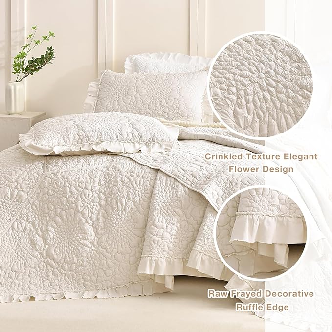 Masaca Oversized Queen Bedspread,Shabby Boho Chic Quilt Bedding Set 3Pcs (1 Farmhouse Quilt and 2 Pillowshams) Wheat Ruffled Crinkled Quilt Set Soft Lightweight Reversible Bedspreads & Coverlets
