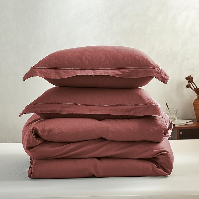 Simple&Opulence 100% Linen Duvet Cover Set with Embroidery Washed - 3 Pieces (1 Duvet Cover with 2 Pillow Shams) with Button Closure Soft Breathable Farmhouse - Coral Red, Queen Size