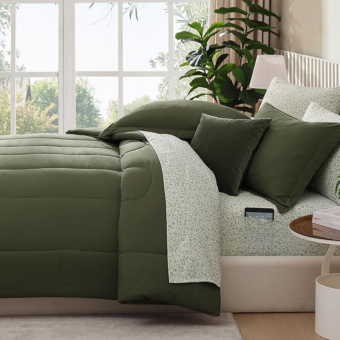Monbix King Size Comforter Set - 7 Pieces Bed in a Bag King, Olive Green Track Stitching Bedding Sets, All Seasons Comforter Bed Set with Sheets, Pillowcases & Shams