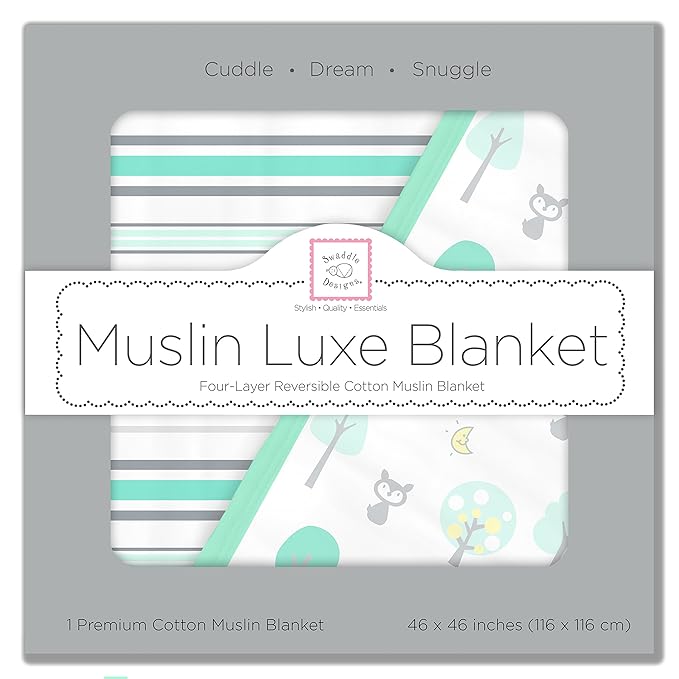SwaddleDesigns 4-Layer Cotton Muslin Luxe Blanket, Baby and Toddler Cuddle and Dream, 46x46 inches, Green Woodland and Stripes