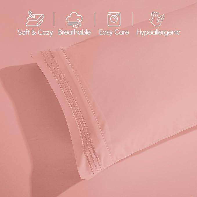 Elegant Comfort Luxurious 1500 Premium Hotel Quality Microfiber Three Line Embroidered Softest 4-Piece Bed Sheet Set, Wrinkle and Fade Resistant, Twin/Twin XL, Dusty Rose