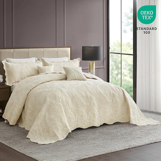 HZ & HY Oversized King Bedspread, Quilted Coverlet Bedding Set, Lightweight Thin Comforter, Reversible, Luxurious, 5 Piece, 100% Microfiber, Ivory Yellow