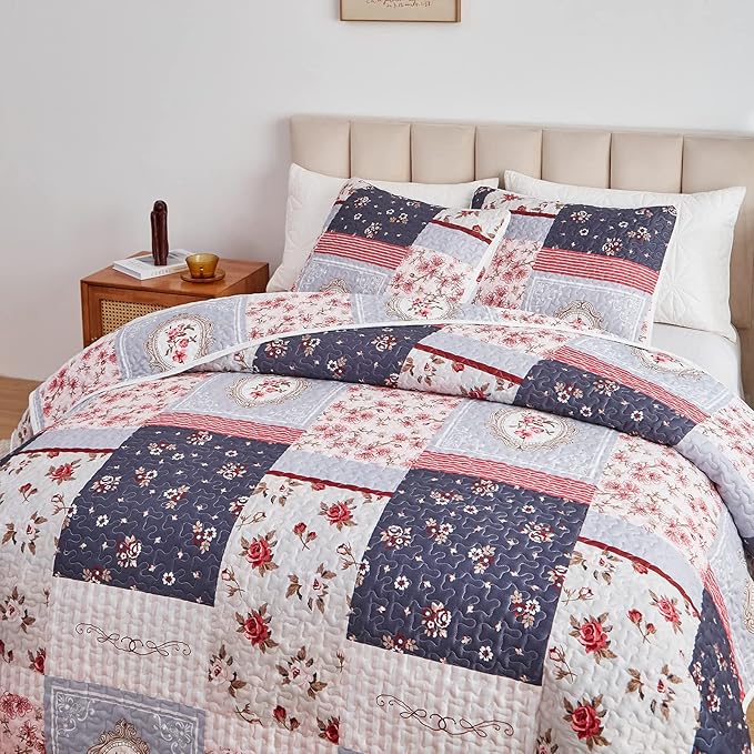 Patchwork Quilt Set Twin Size, 2 Pieces Pink Purple Floral Plaid Design Summer Bedspread Coverlet Set, Soft Microfiber Reversible Lightweight Bed Cover for Kids (68" x 86", 1 Quilt+ 1 Pillow Sham)