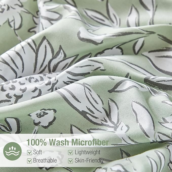 Lekesky Queen Size Duvet Cover Set, Reversible Duvet Cover Queen with White Floral Pattern, Lightweight Soft Microfiber Comforter Cover, 3 Pieces Green Bedding Set with Zipper and 2 Pillowcases