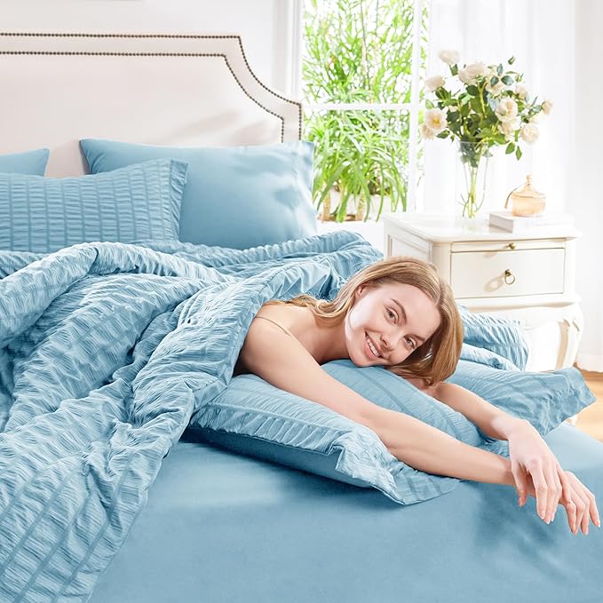 CozyLux King Size Comforter Set Sky Blue Seersucker 7 Pieces Bed in a Bag King Comforter Set with Sheets, Luxury Bedding Set with Down Alternative Comforter, Sheets, Pillowcases & Shams All Seasons