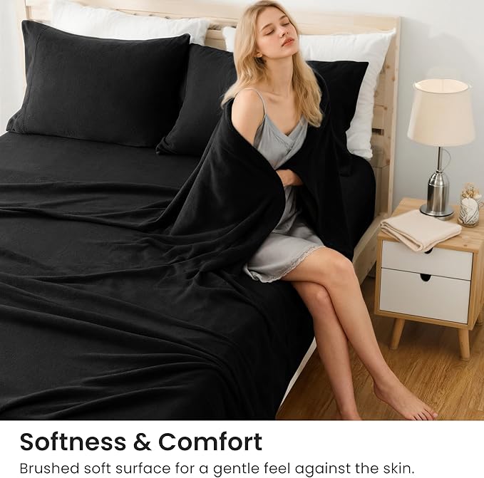 Love's cabin Fleece King Sheet Set - 4 Pcs Black Super Soft Plush Polar Fleece Bed Sheets Set with 16" Deep Pocket,Cozy Warmth for Cold Season(1 Flat Sheet,1 Fitted Sheet,2 Pillow Cases)