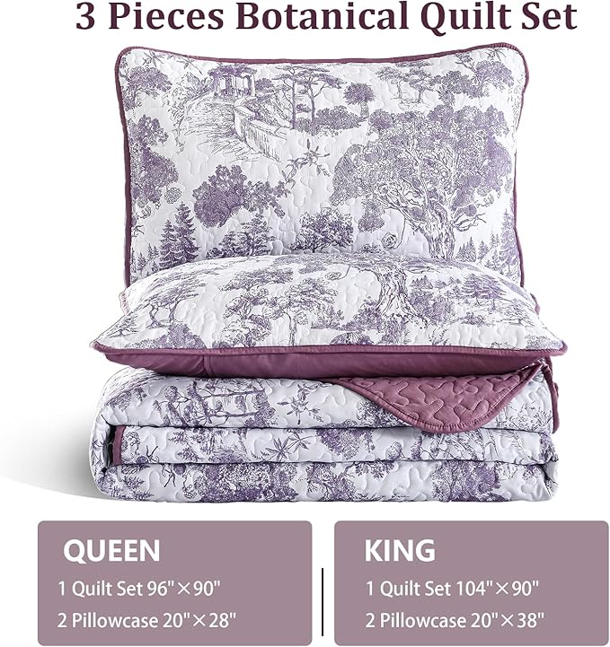 WONGS BEDDING Botanical Quilt Set Queen Size, Purple 3 Pieces Toile Floral Plants Printed Bedspread Bedding Set Soft Lightweight Microfiber Coverlet Set for All Season (96"x90")