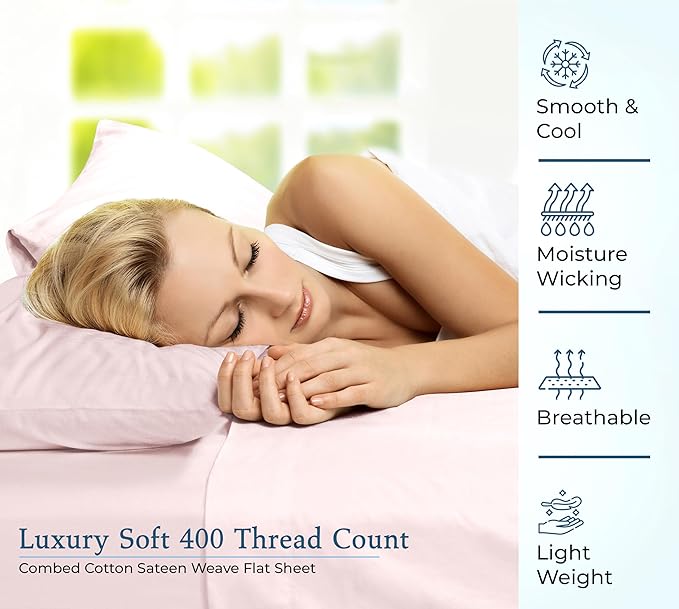 400 Thread Count 100% American Grown Cotton Flat Sheet - Cooling Sheets - King Sheets - Luxury Sateen Weave - King Flat Sheet Sold Separately - Super Soft Pink Flat Sheet Only (King, Kyoto Blush)