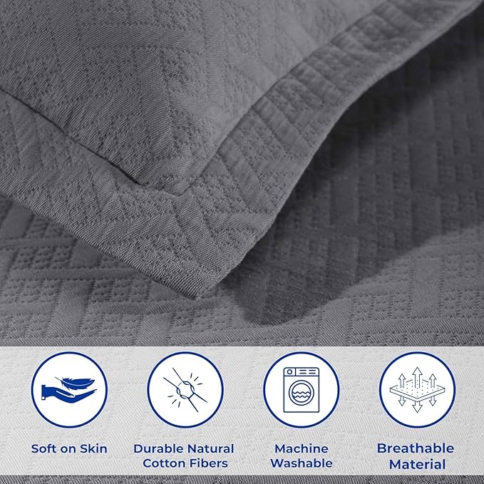 Superior 3 Piece Basketweave Cotton Bedspread Set, Home Bed Decor, Decorative Bed Spread, 2 Pillow Shams, Medium Weight Blanket, Matelasse Coverlet Bedding, Geometric Lattice Pattern, Queen, Grey