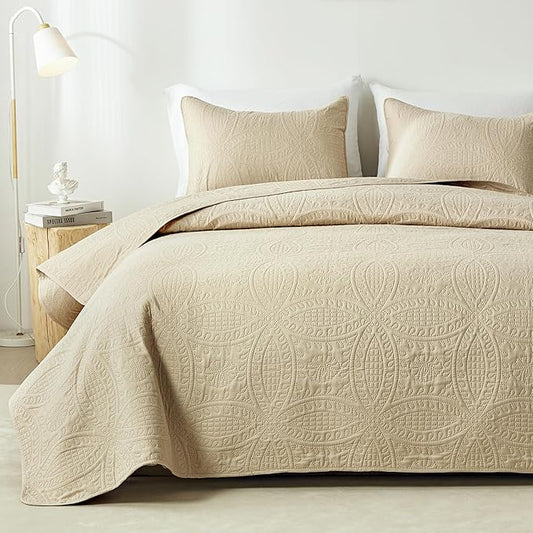 akkialla Twin Quilt Bedding Set,Beige Ultrasonic Quilt Set,Lightweight Soft Bedspread Coverlet,Modern Style Coin Pattern Bed Cover for All Seasons,2 Piece(1 Quilt,1 Pillow Sham)