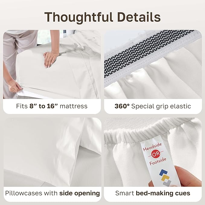 California Design Den Natural 100% Cotton Sheets King Size Set - 1000 Thread Count Sateen, Deep Pocket King Bed Sheet Set, Thick and Durable Bedding - True Ivory