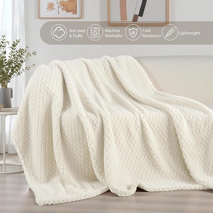 Exclusivo Mezcla Queen Size Fleece Blanket for Bed, Extra Soft Warm Decorative Fuzzy Blanket for Women, Lightweight Cozy Bedding Blankets, 90x90 Inches, Ivory