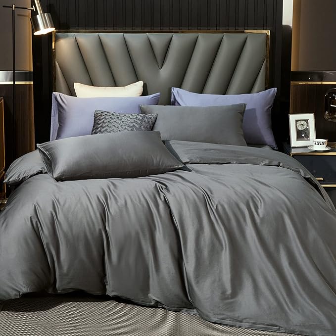 MooMee Duvet Cover Set 100% Extra Long Staple Cotton 600 Thread Count Silky Sateen Smooth Luxury Soft Breathable Durable Hotel Quality Bedding, 3 Piecess (Dark Gray, Oversized King 120"x98")