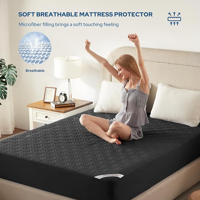 BEDLORE Waterproof Mattress Protector, Twin XL Size Mattress Pad with Deep Pocket 6"-15" Depth, Soft Breathable Dirt-Proof Bed Mattress Cover for Bedroom, College Dorm (Black)