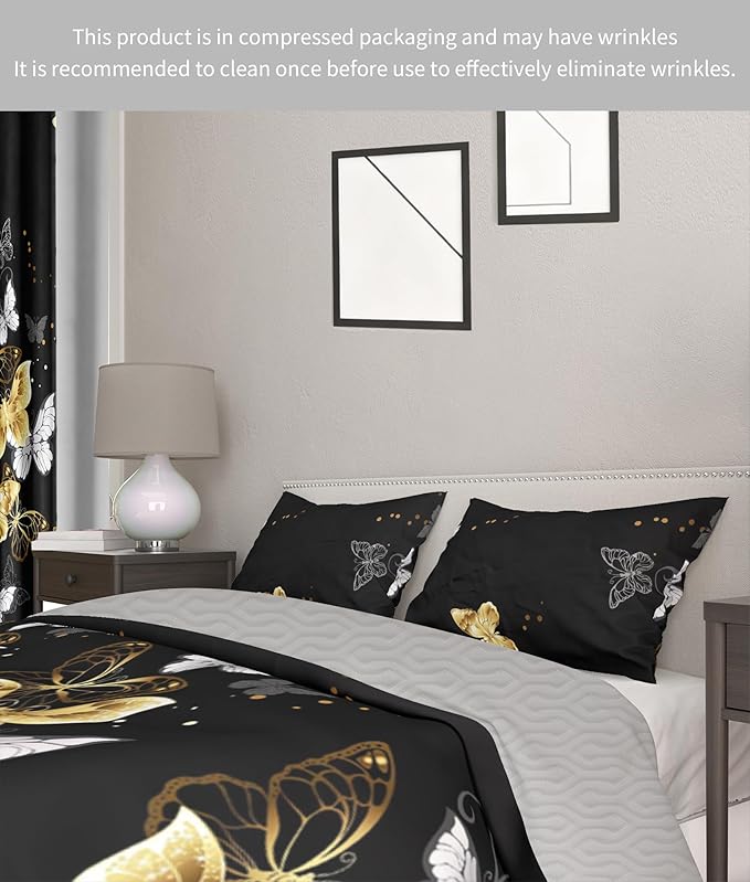 Matching Curtains and Bedding Sets 1Bedspread 2Pillowcases 2Print Curtains 4Solid Curtains King Size Comforter Set with Curtains Black and Gold Comforter Set Wrinkle-Resistant Master Suite