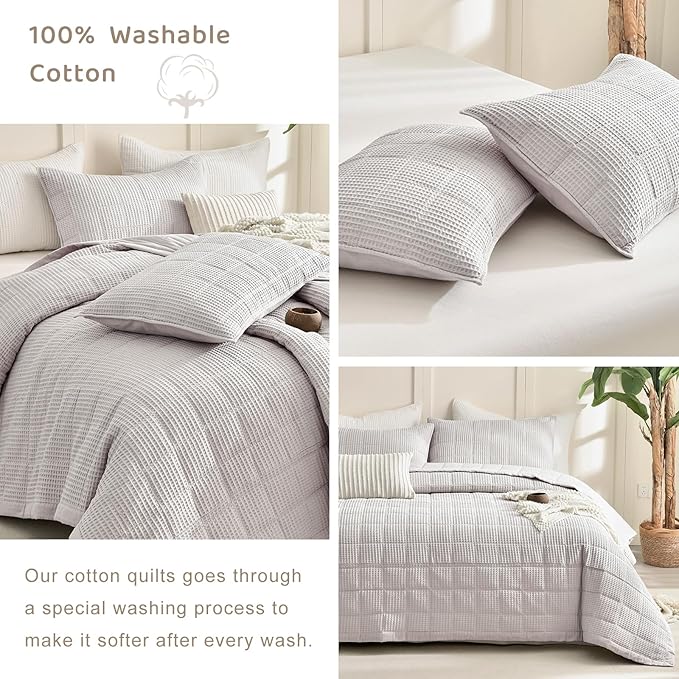 Sanracie Oversized King Quilt (120"x120"), Cotton Oatmeal Colored Waffle Quilt Bedding Set Extra Wide Large Luxury Aesthetic Bedspreads Soft Breathable Bedding Coverlet Sets 3 PCS