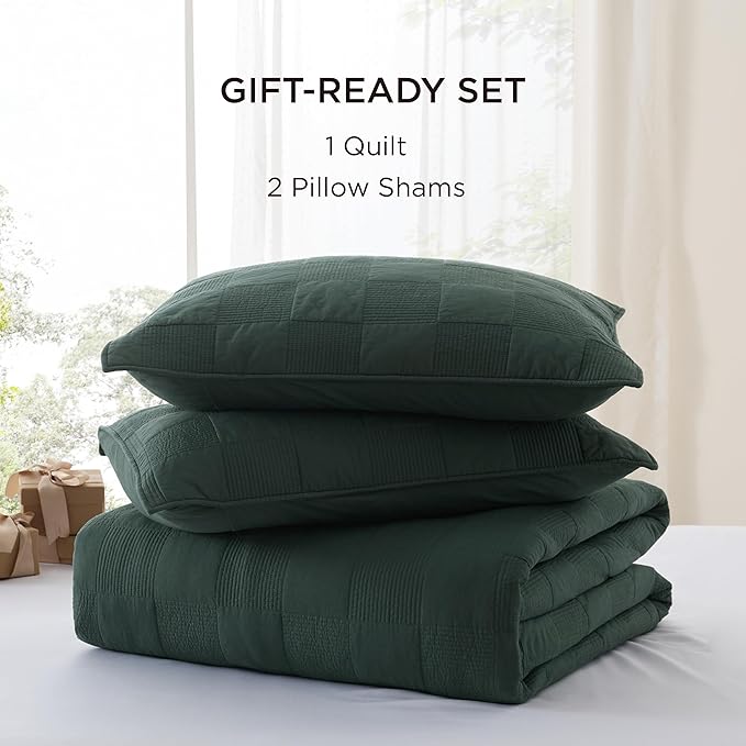 Bedsure 100% Cotton Quilt Set - Lightweight Queen Bedspread, Cozy Emerald Green Bedding Coverlet 3-Piece with Pillow Shams in Checker Pattern for All Season, 90x96 inches, 100% Cotton Voile