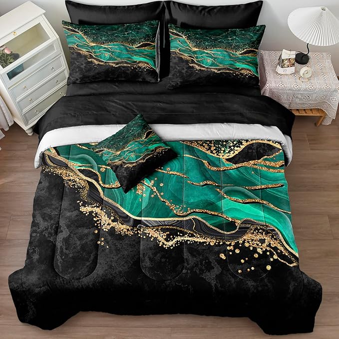 Emerald Green Comforter Set King Black Gold Marble Bed in a Bag 8 Pieces Bedding Set with 1 Green Black Marble Comforter, 1 Flat Sheet, 1Fitted Sheet, 4 Pillowcases, 1 Cushion Cover