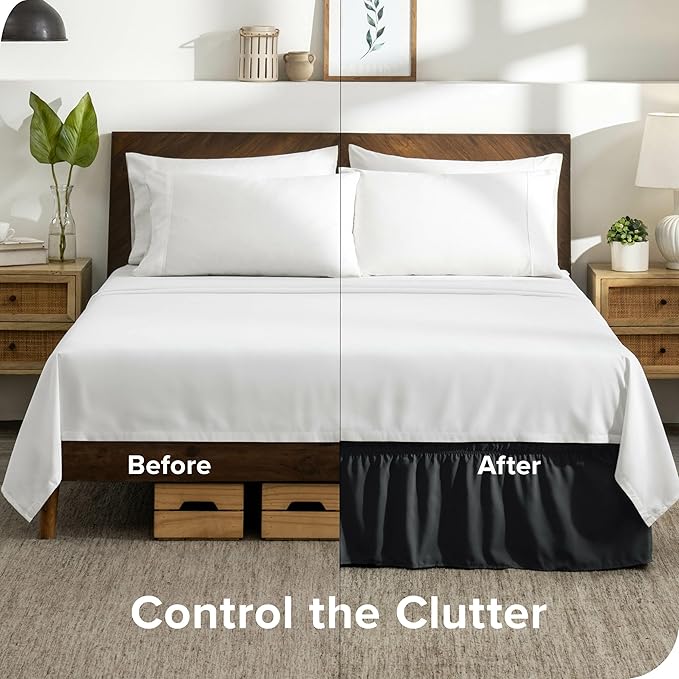 Bare Home Wrap Around Bed Skirt - for Queen Size Beds with 15 inch Tailored Drop - Easy Fit Elastic Strap - Adjustable and Ruffled Style - Wrinkle, Fade, and Stain Free (Queen, Black)