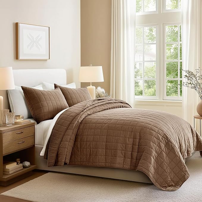 EVERGRACEHOME 100% Cotton Box Stitch Quilt Bedding Set King Size 3 Pieces, Garment-Washed Lightweight Soft Cozy Coverlet, Oversized Quilted Bedspread Sets with 2 Shams for All Season, Sienna Brown