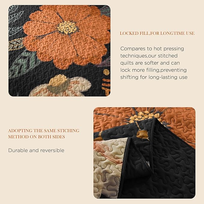 Andency Floral Boho California King Quilt Bedding Set Brown Black, 3 Pieces Farmhouse Flower Botanical Summer Bedspreads with 2 Shams, Soft Reversible Lightweight Microfiber Coverlet Set, 104"x112"