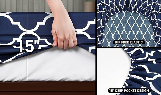 Utopia Bedding Twin XL Sheet Set, Soft Microfiber 3 Piece Bed Sheets with 15" Deep Pocket - Easy Care Brushed Microfiber (Quatrefoil - Navy)