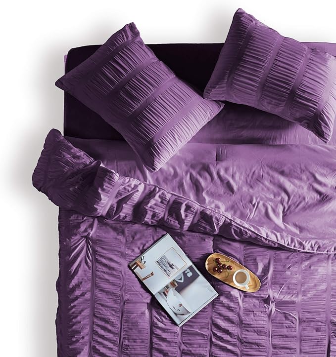 SLEEP ZONE Luxury Seersucker Queen Comforter Set 3-Piece, Soft & Lightweight Down Alternative Duvet Insert with Pillow Sham Cooling for Summer, Purple