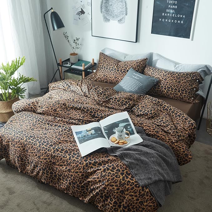 mixinni Leopard Print Duvet Cover California King Size Long Staple Cotton Bedding Set with Zipper Closure Ties, Perfect for Man and Woman, Ultra Soft and Easy Care (3pcs, California King Size)
